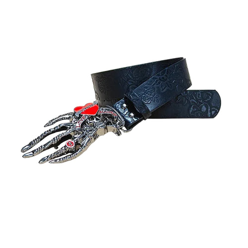 Open product view of black embossed Red Handed belt and skeletal hand buckle