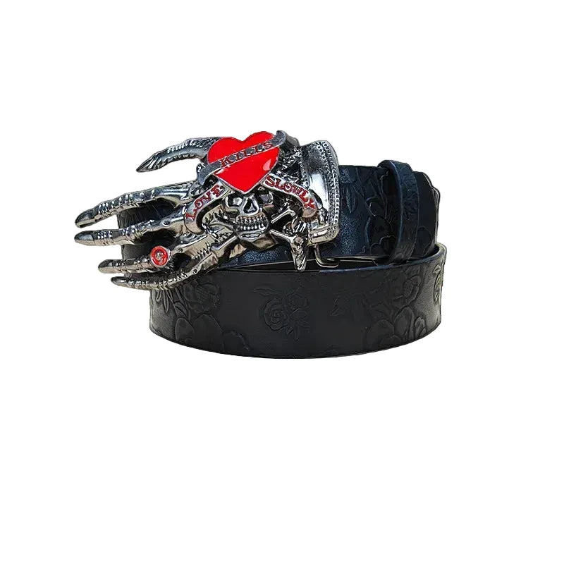 Coiled Red Handed belt with silver skeleton hand, skull and red heart buckle