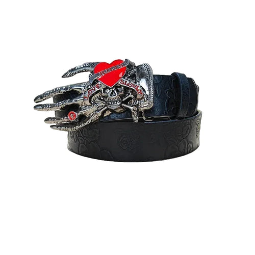 Coiled Red Handed belt with silver skeleton hand, skull and red heart buckle