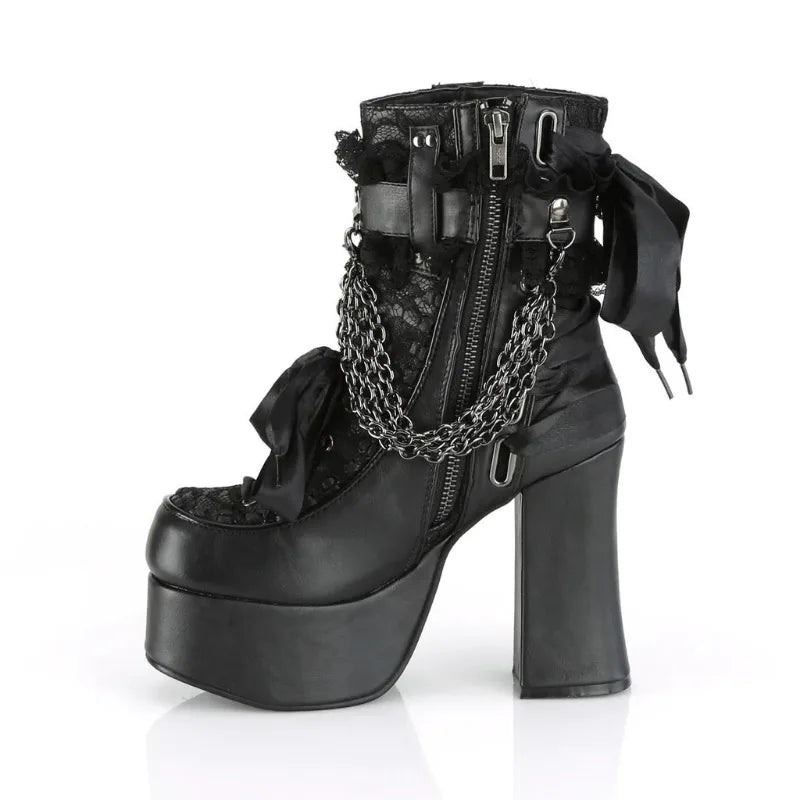 Black chunky gothic ankle boots with chain and bow detail