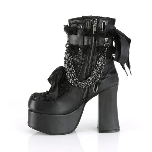 Black chunky gothic ankle boots with chain and bow detail