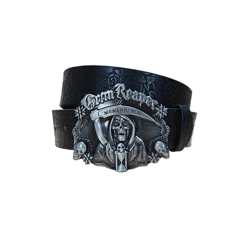 Coiled black Reaper belt with Grim Reaper Memento Mori buckle and skull details
