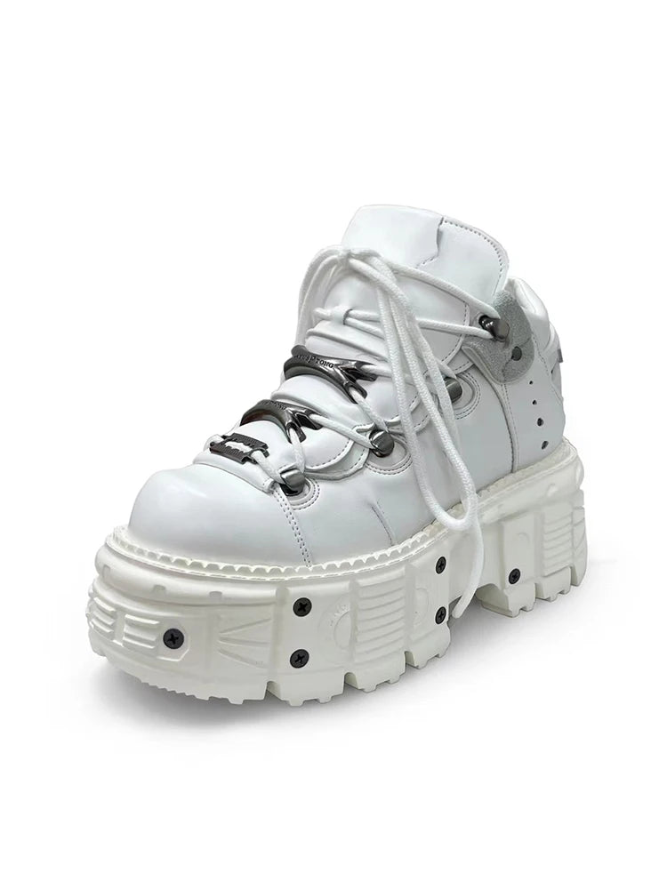 White punk lace-up ankle boots with metal detail