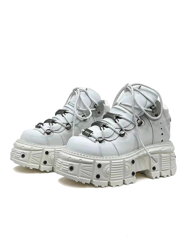 White punk lace-up ankle boots with metal detail