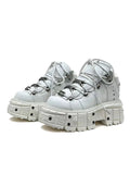 White punk lace-up ankle boots with metal detail