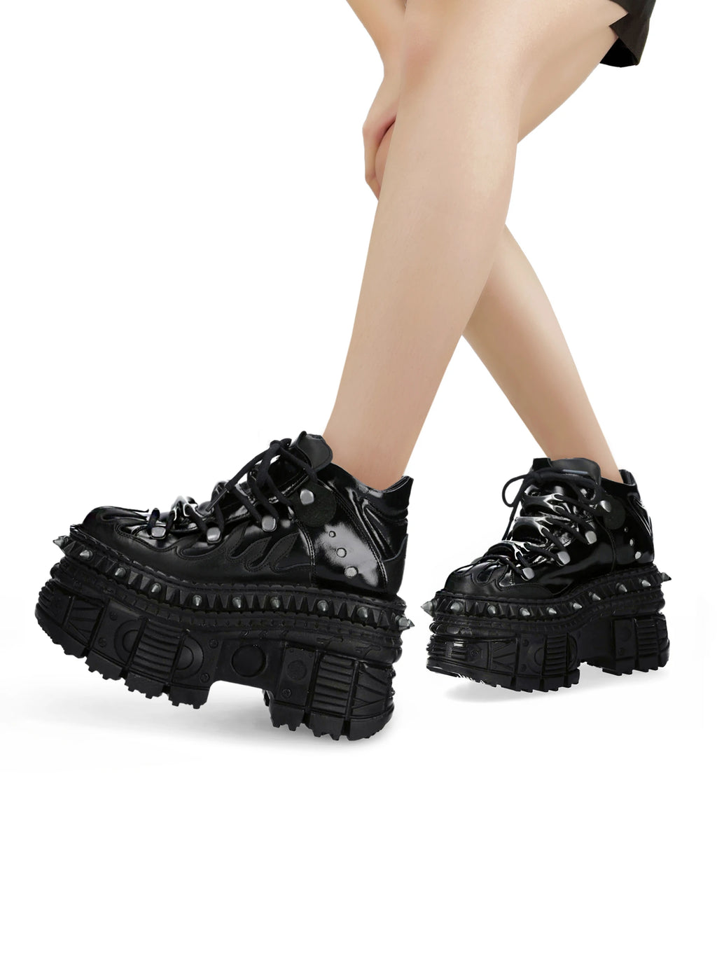 Black punk platform shoes with flame and rivet detail