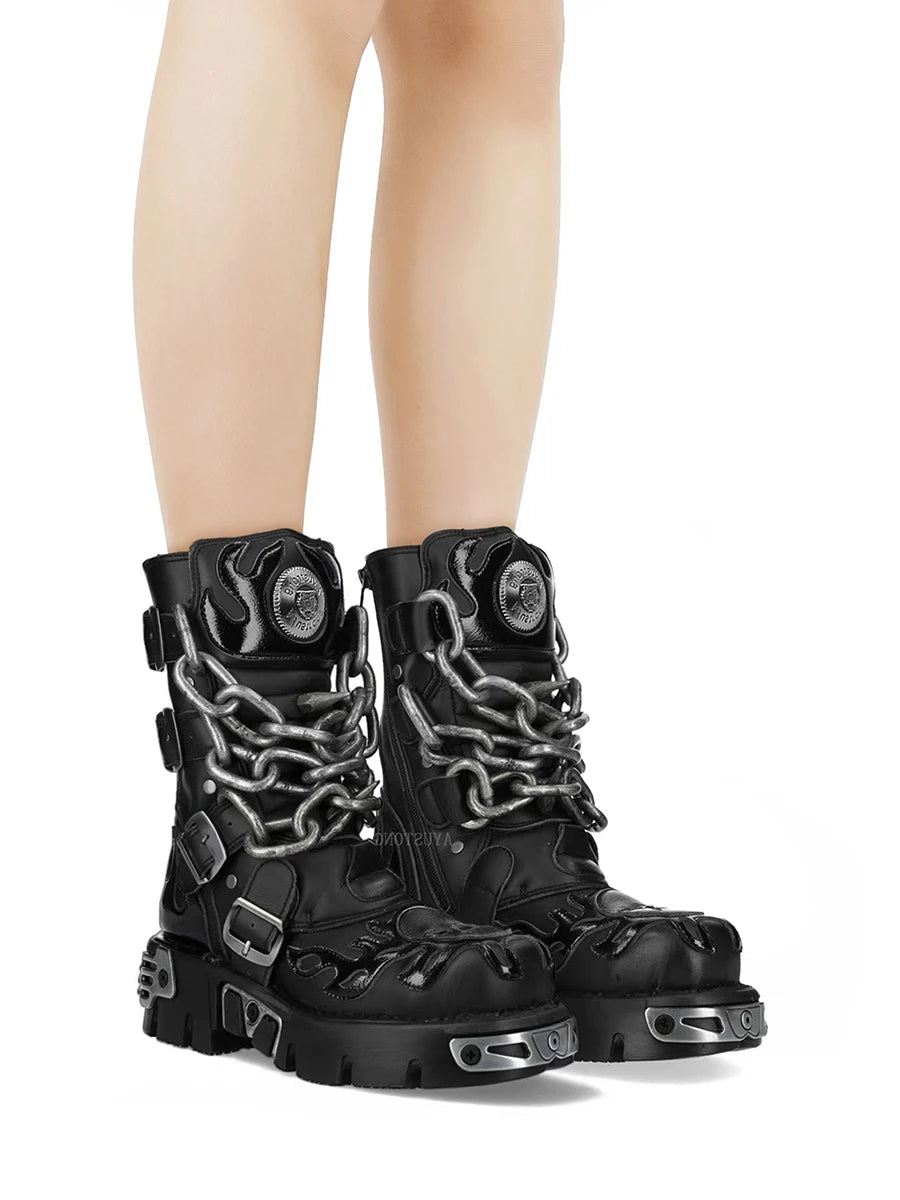 Black Women's Biker Boots with Chain Detail