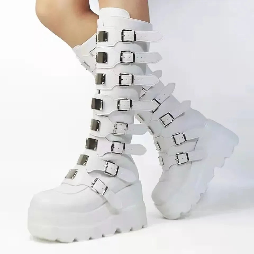 White platform mid-calf boots with buckle straps