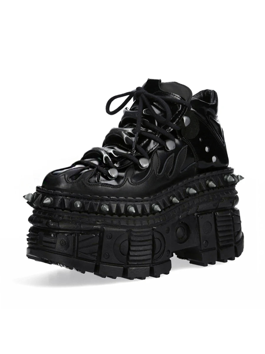 Black punk platform shoes with flame and rivet detail