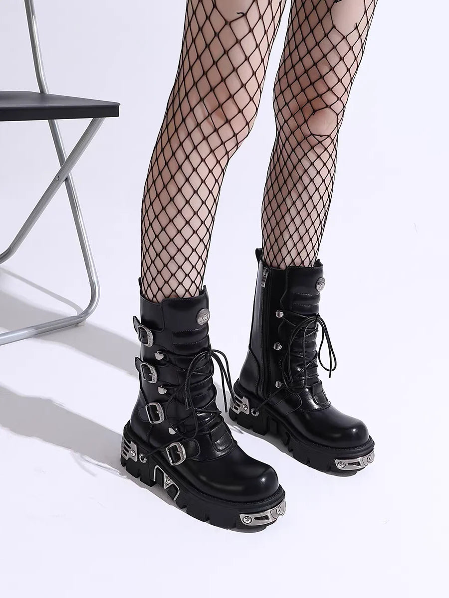 Black Motorcycle Boots with Metal Toe Detail