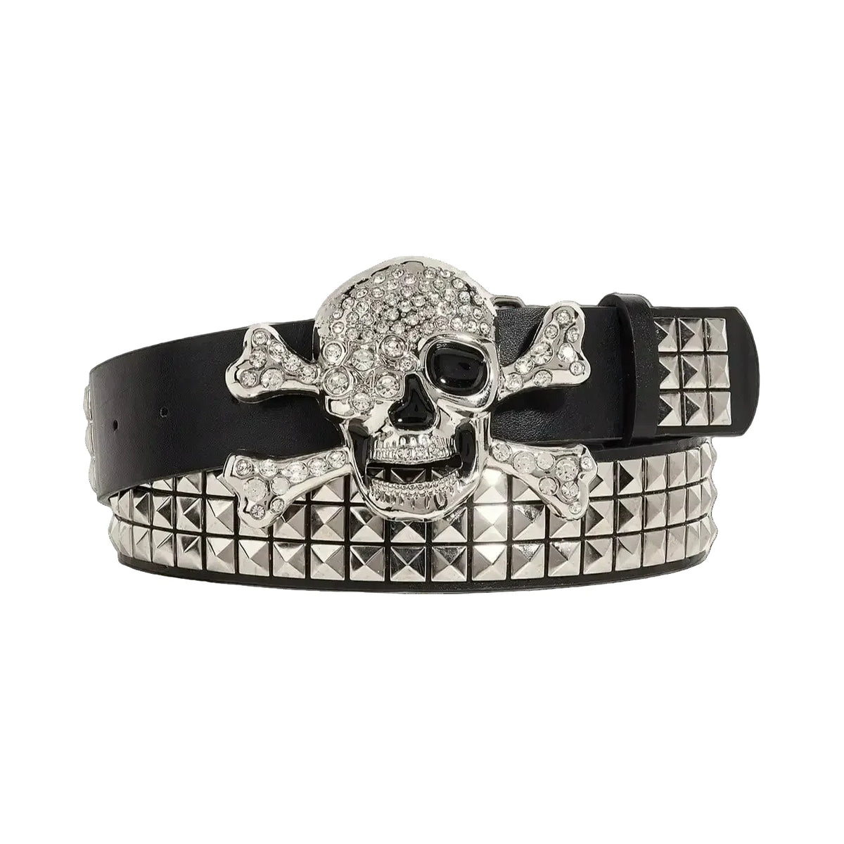 Black Frosty Skull belt with crystal skull-and-crossbones buckle and pyramid studs