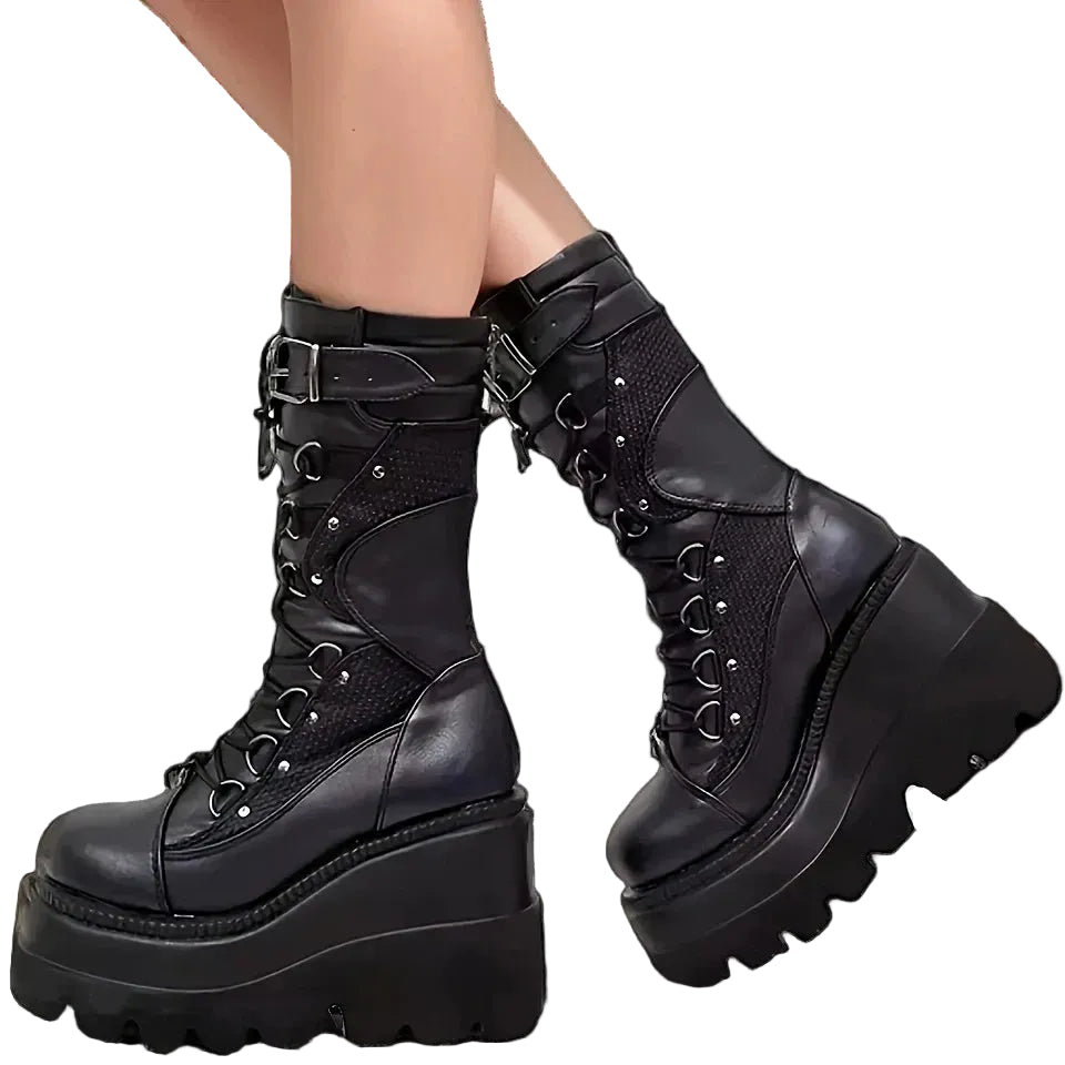 Black Gothic Mid-Calf Wedge Boots