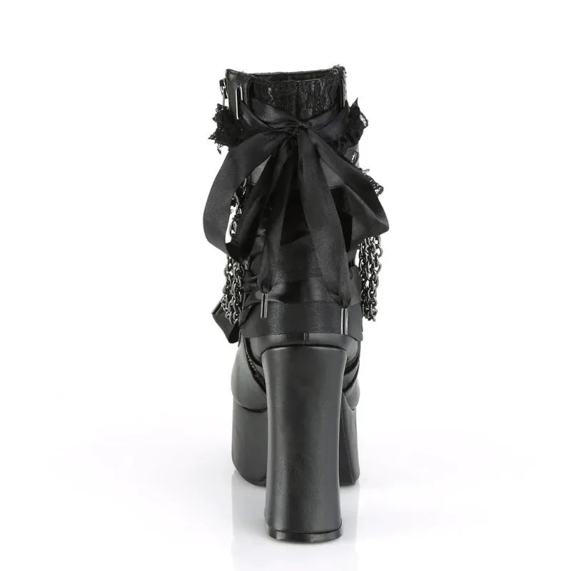 Black chunky gothic ankle boots with chain and bow detail