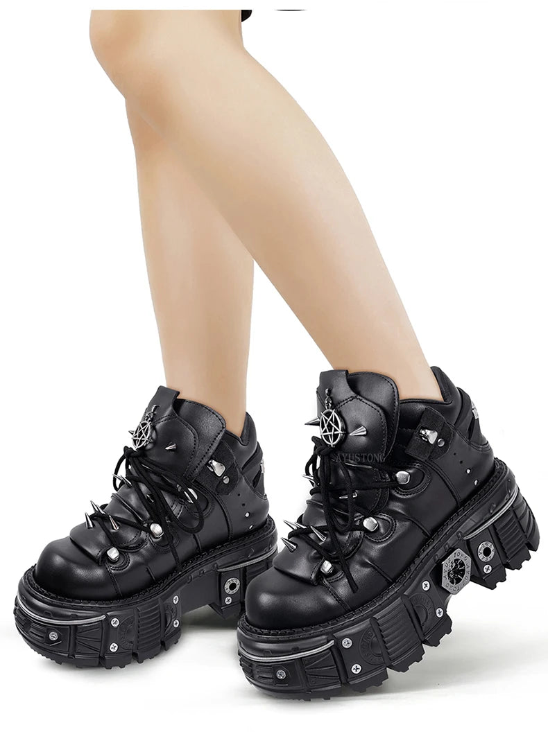 Black Goth Platform Sneakers with Metal Detail