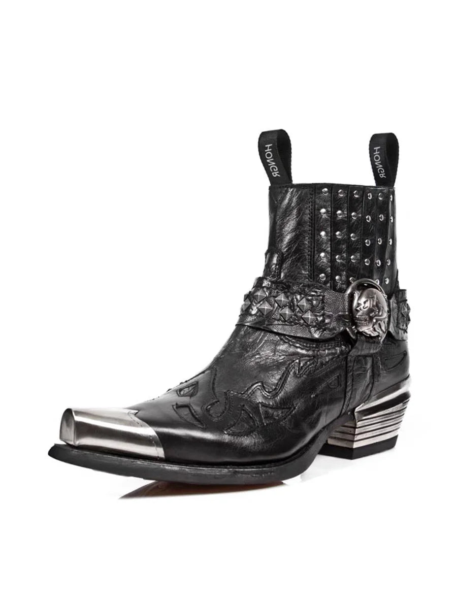 Black Goth Boots – Pointed-Toe Chelsea Style with Metallic Detail