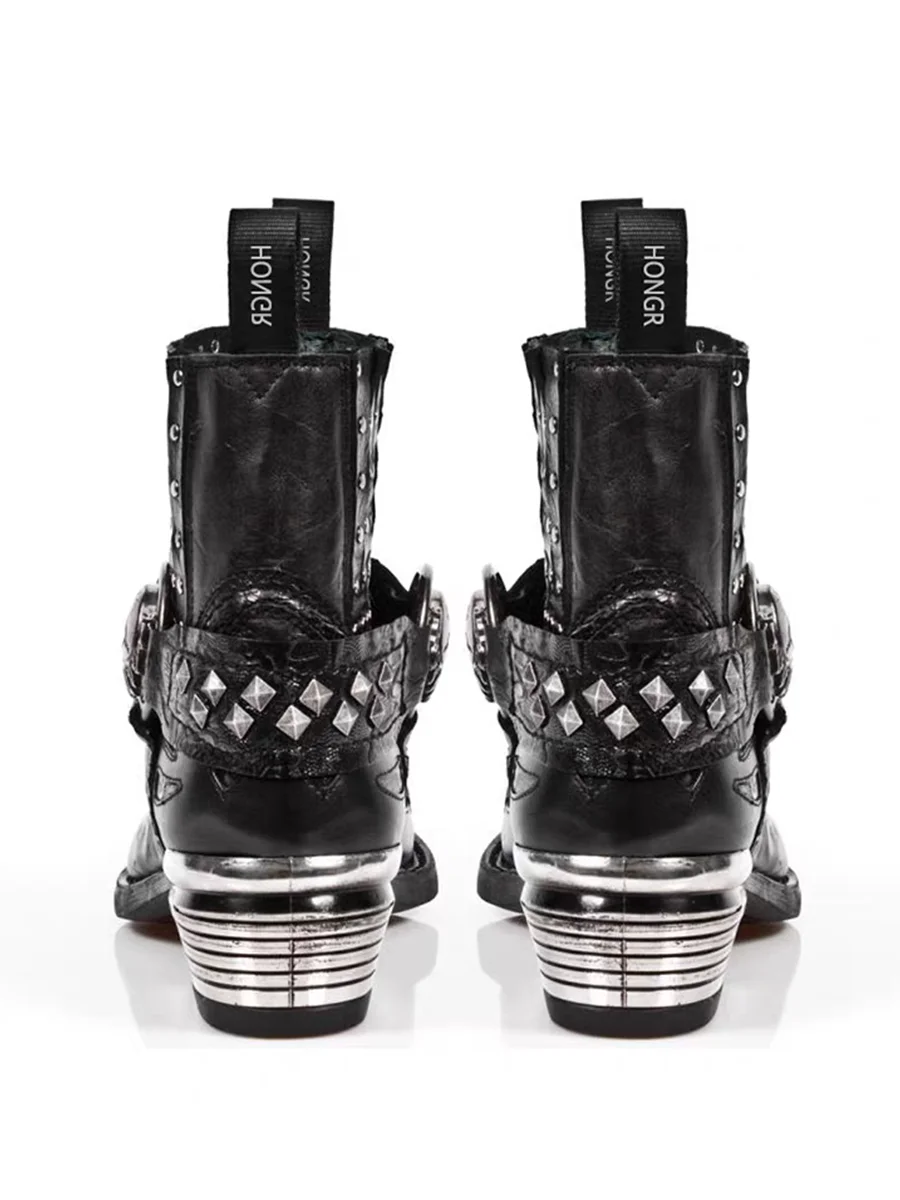 Black Goth Boots – Pointed-Toe Chelsea Style with Metallic Detail