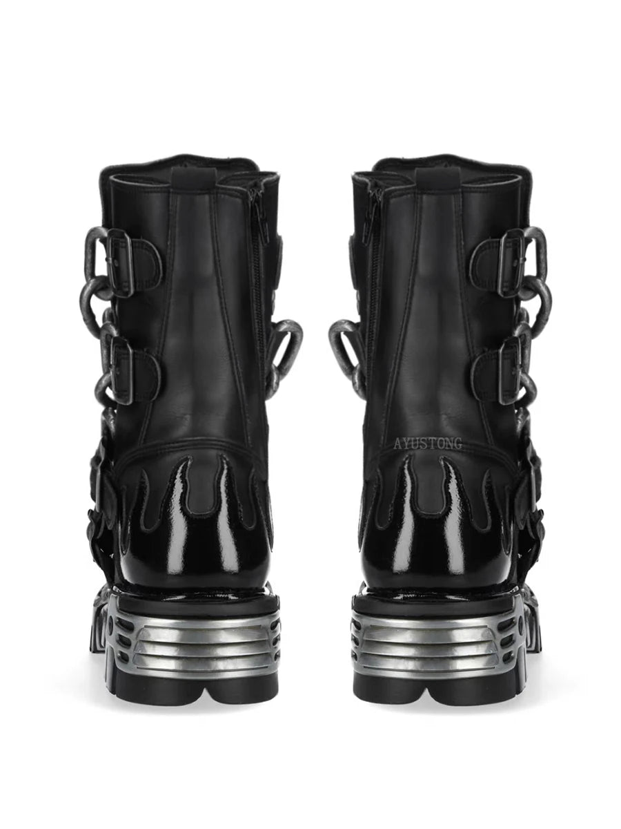 Black Women's Biker Boots with Chain Detail