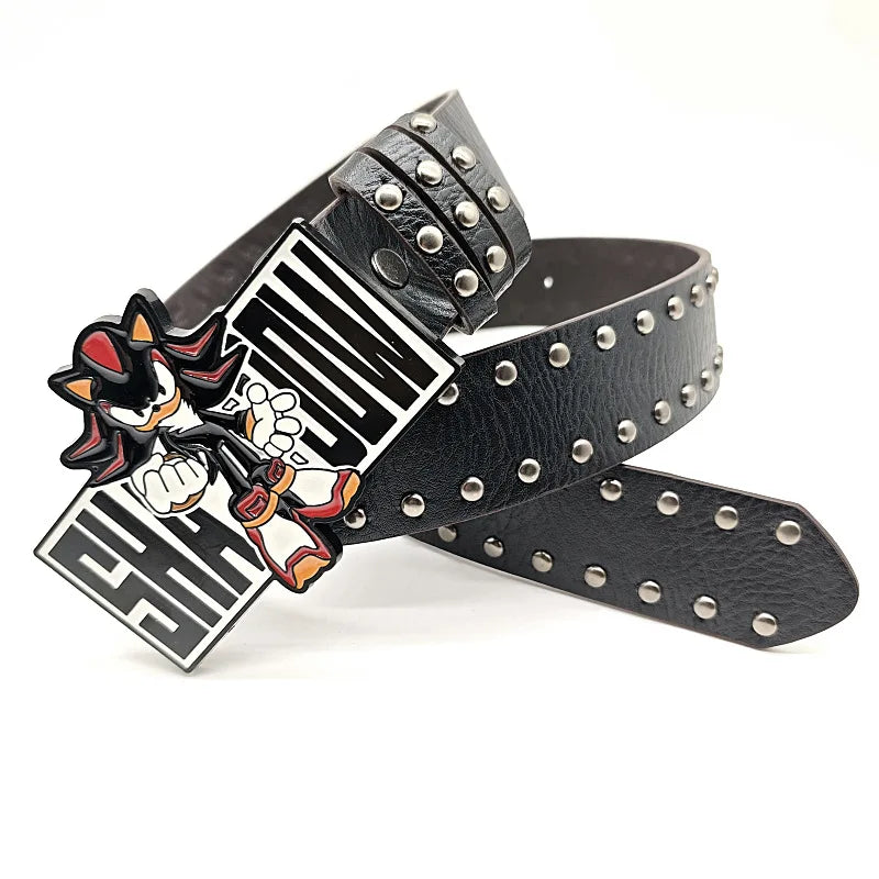 Black-and-red character Speedster belt coiled to show buckle and studded strap