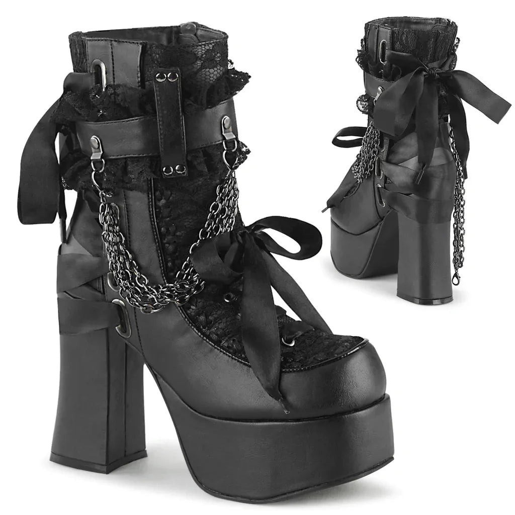 Black chunky gothic ankle boots with chain and bow detail