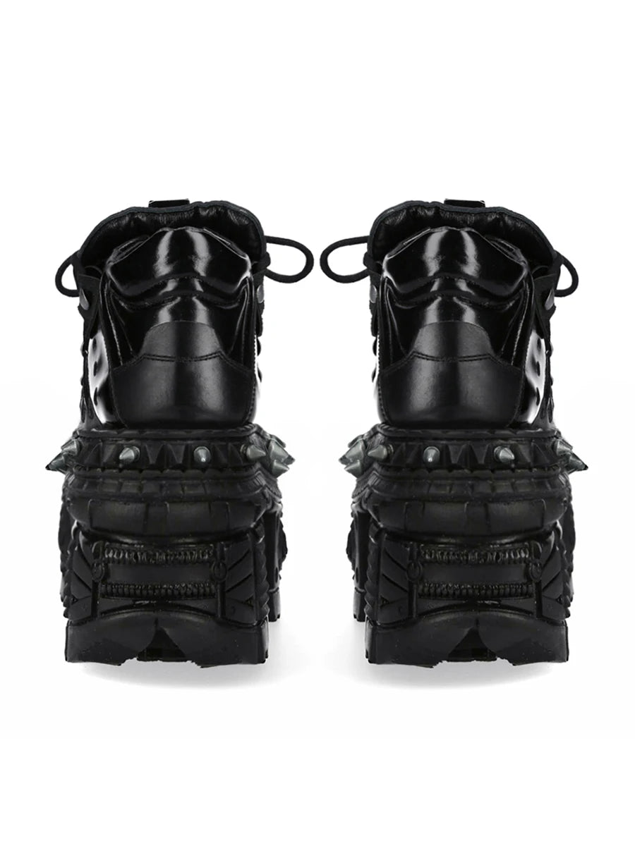 Black punk platform shoes with flame and rivet detail