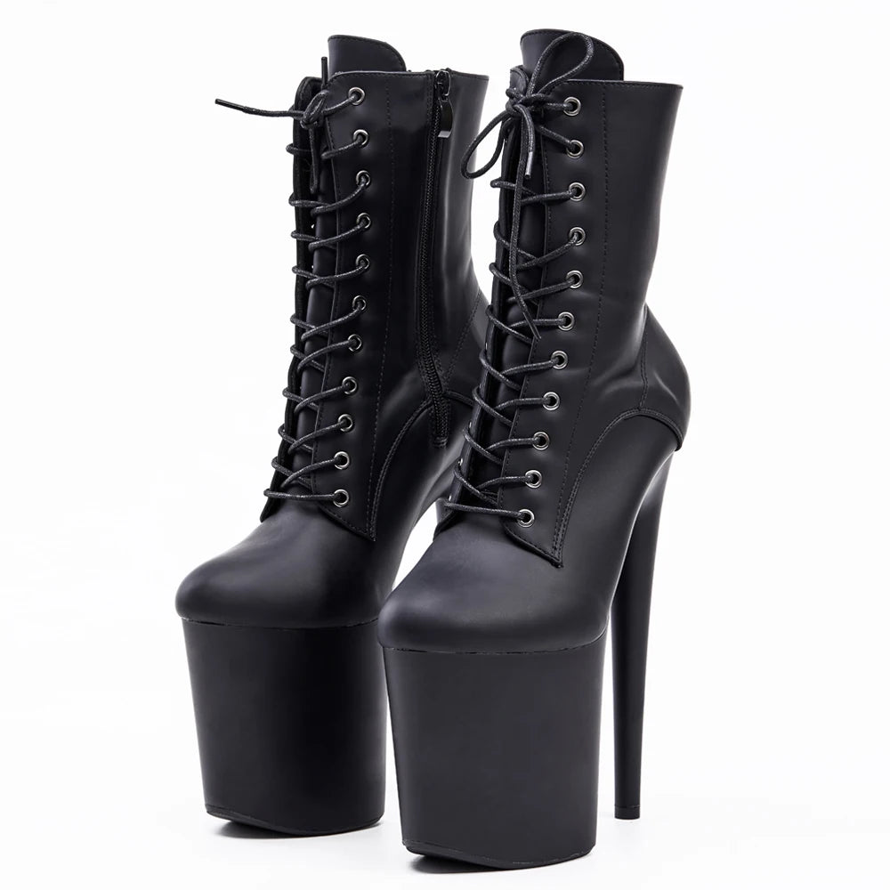 Black shiny platform ankle boots with cross-lace detail and spike heel