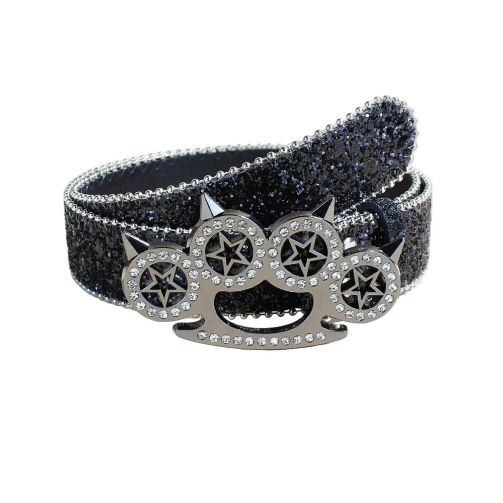 Black rhinestone brass knuckle belt with silver star-cutout buckle