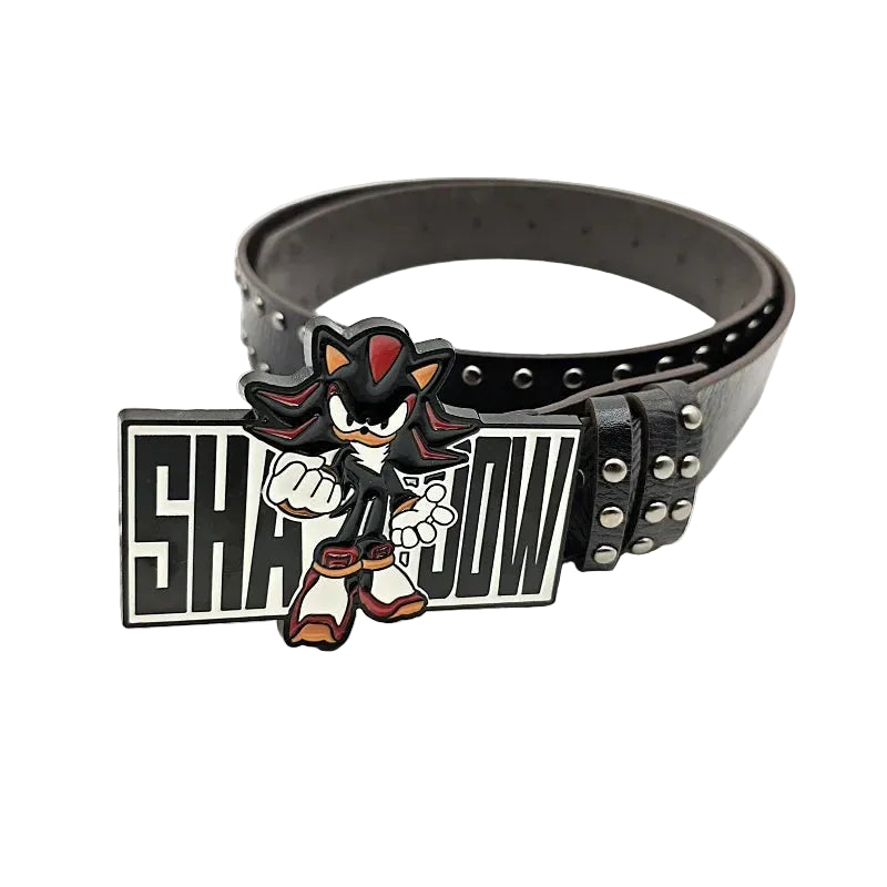 Coiled black Shadow Retro belt with character buckle and double-row studs