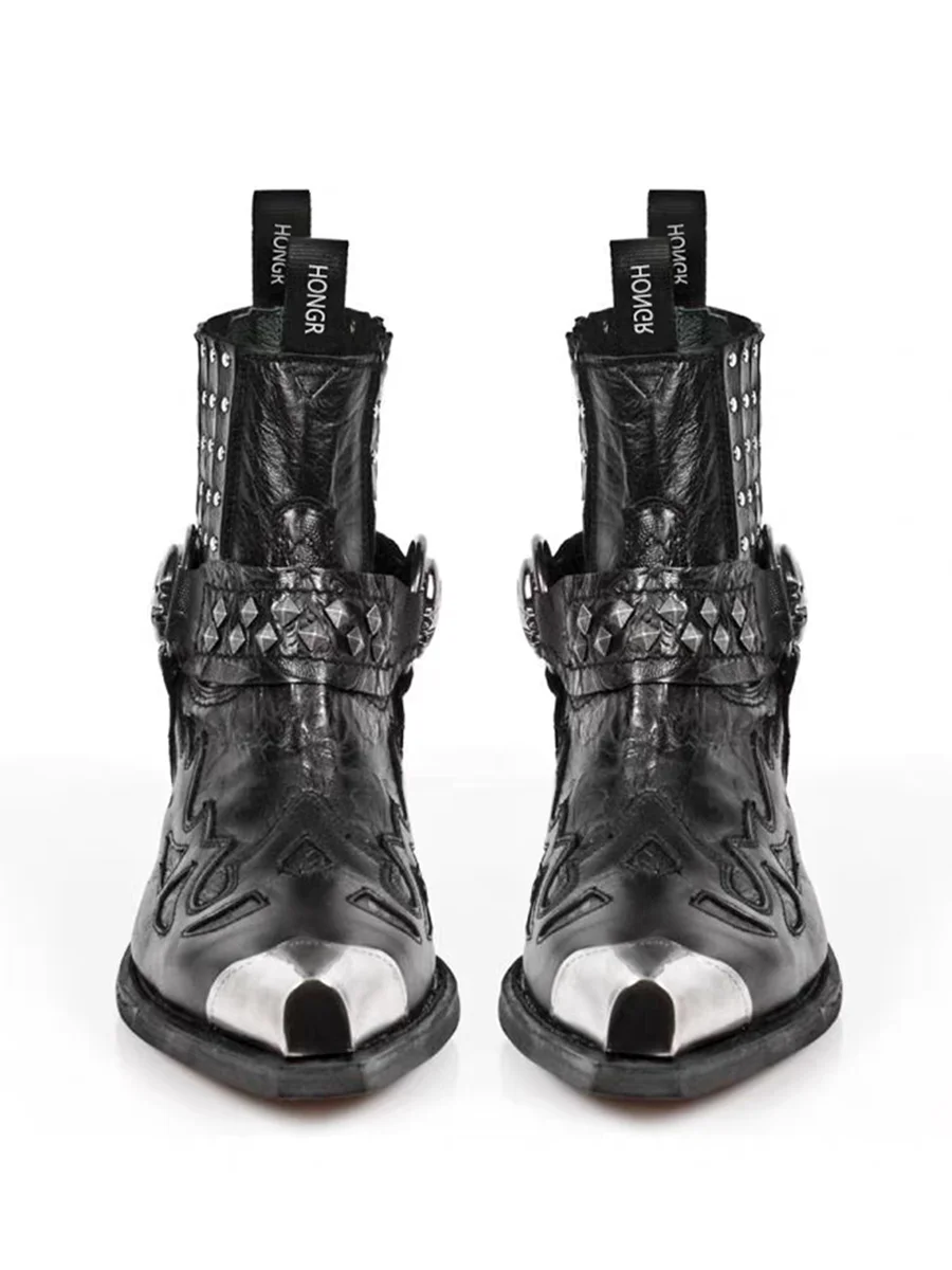 Black Goth Boots – Pointed-Toe Chelsea Style with Metallic Detail