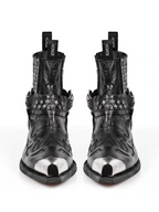 Black Goth Boots – Pointed-Toe Chelsea Style with Metallic Detail