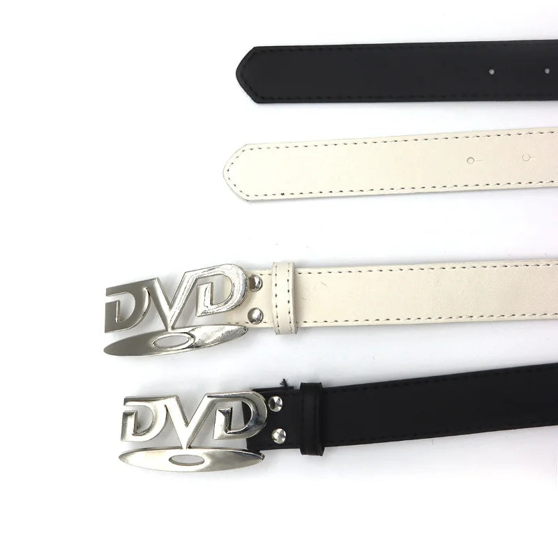 Extended black and white DVD buckle belts showing stitched straps and silver buckles