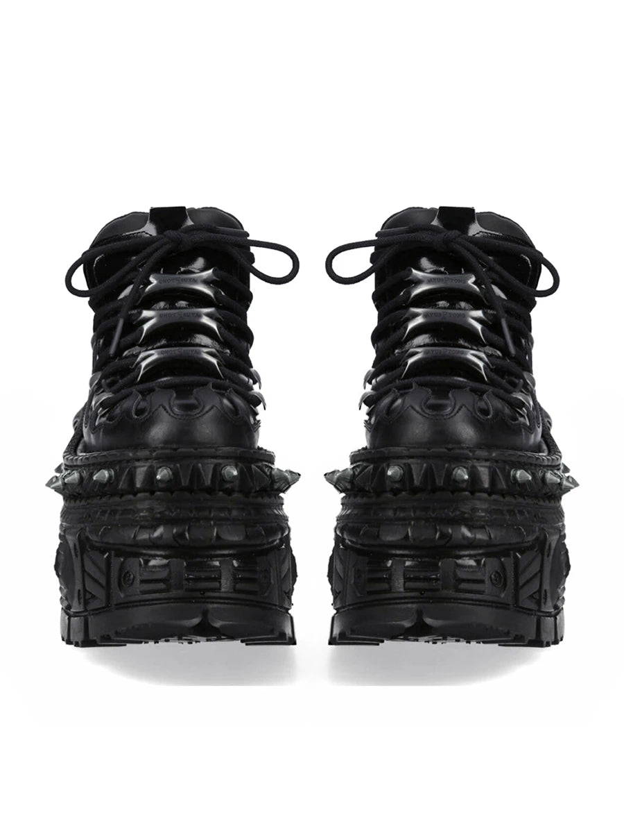 Black punk platform shoes with flame and rivet detail