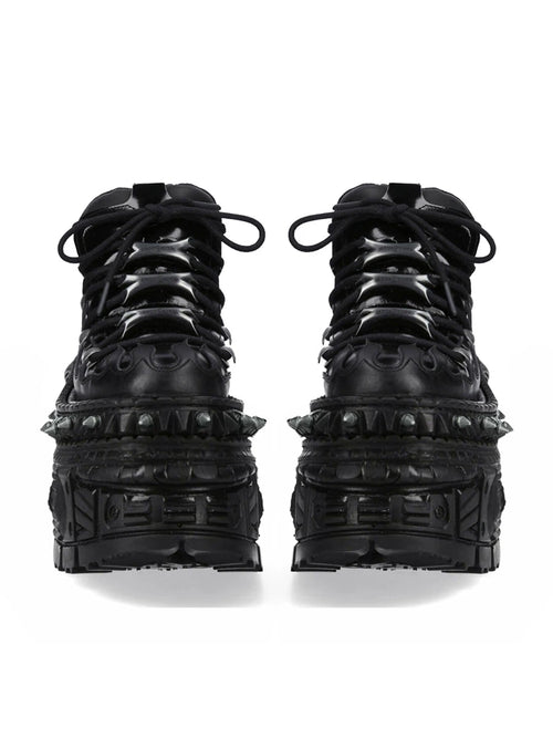 Black punk platform shoes with flame and rivet detail