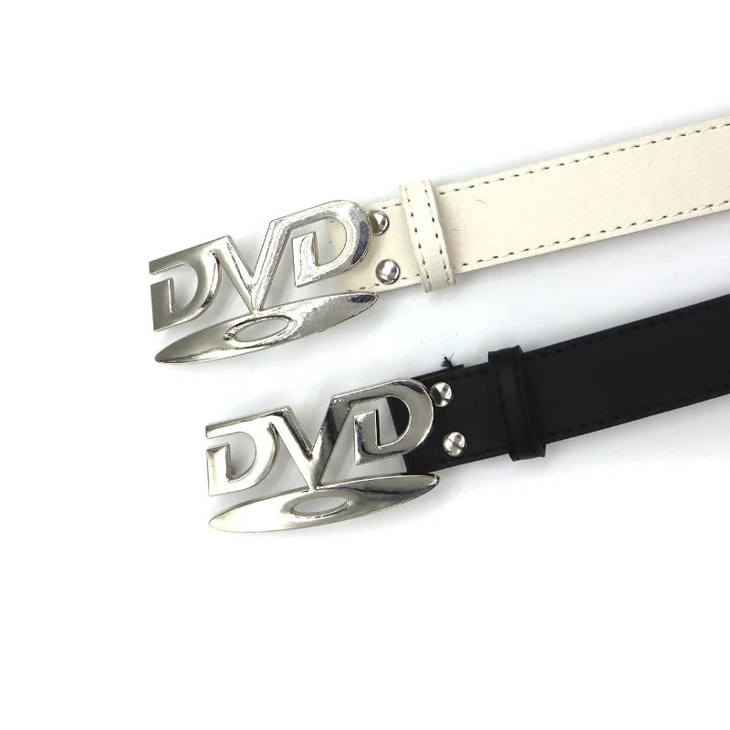 Black and white DVD buckle belts laid diagonally with silver logo buckles