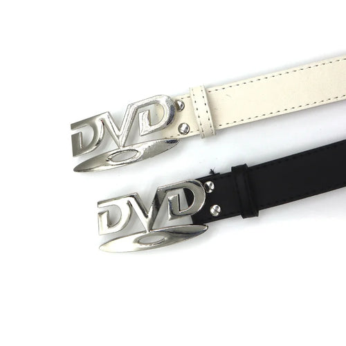 Black and white DVD buckle belts laid diagonally with silver logo buckles