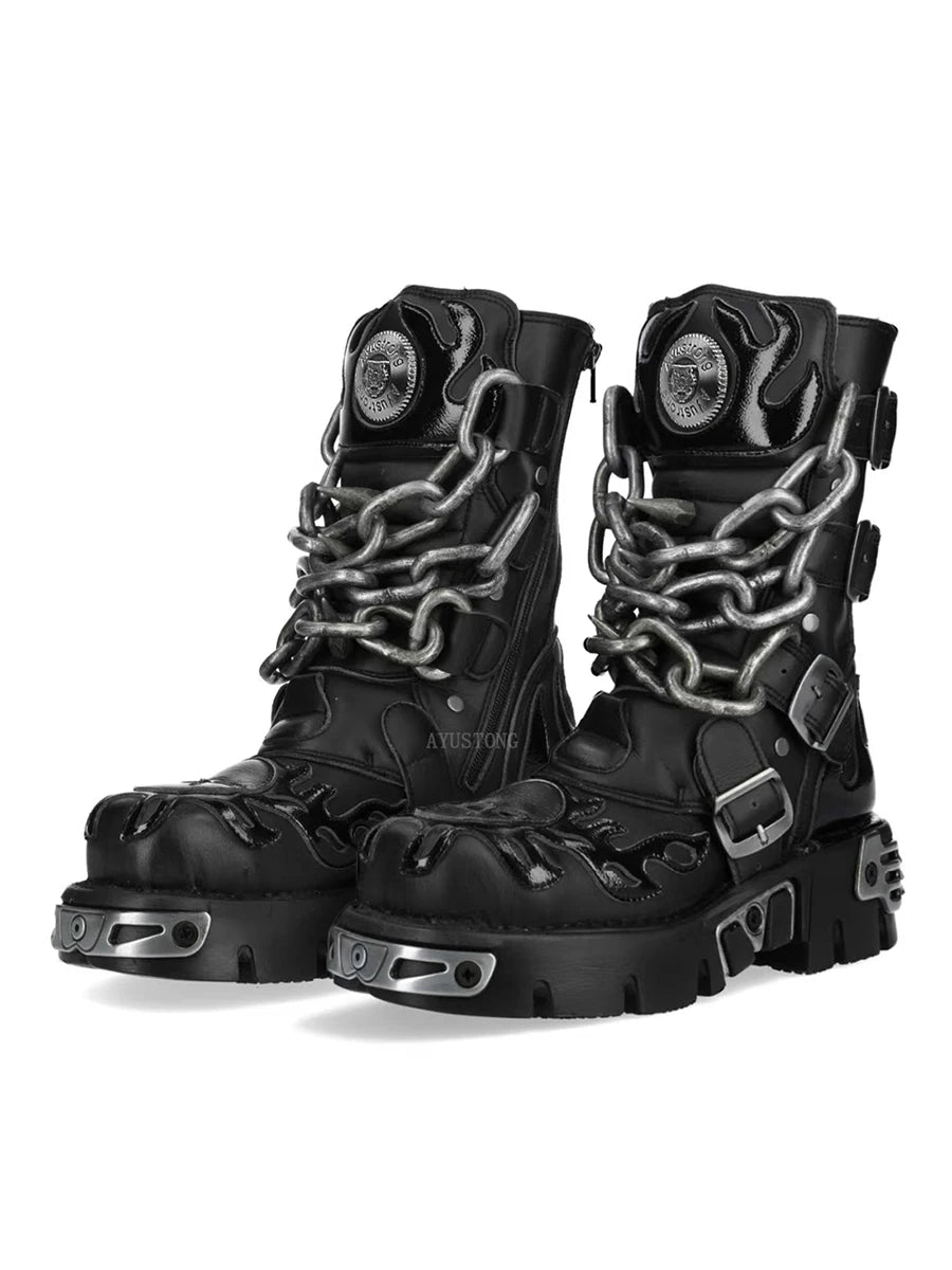 Black Women's Biker Boots with Chain Detail