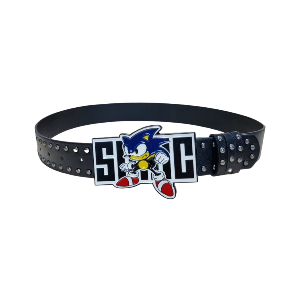 Black studded Speedster belt with blue character graphic buckle, front view