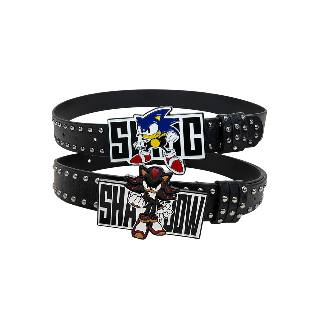 Two black studded Speedster belts with blue and black character graphic buckles