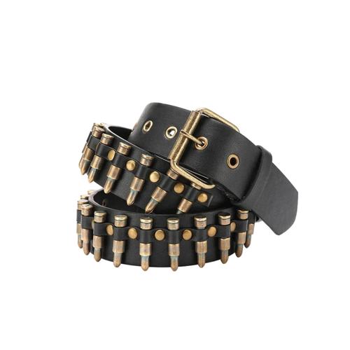 Bronze bullet belt coiled with antique gold square buckle and cartridge-style studs