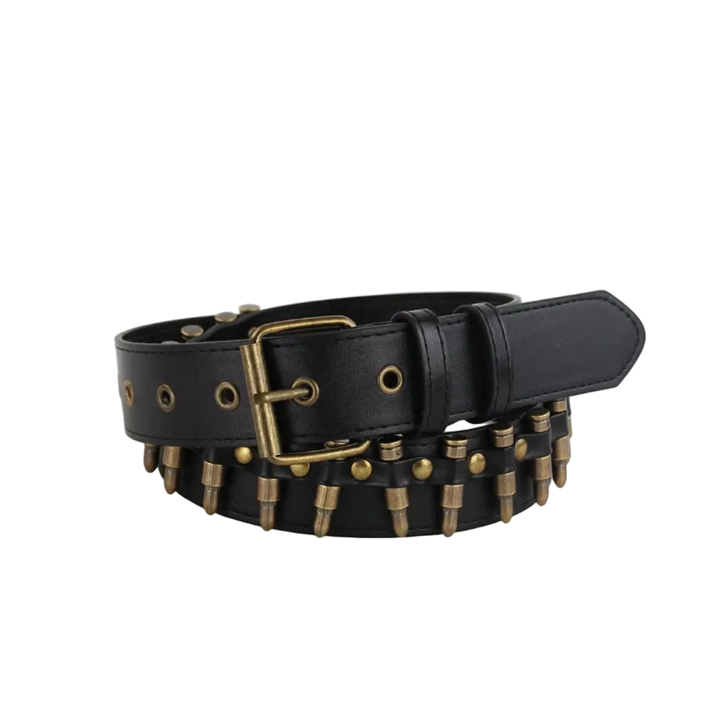 Black bronze bullet belt laid in a loop showing eyelets, buckle and metal cartridge studs