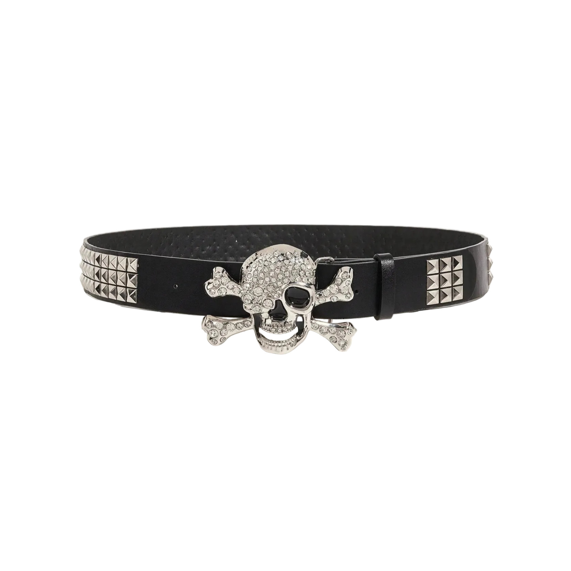Full front view of black Frosty Skull belt with crystal buckle and silver pyramid studs