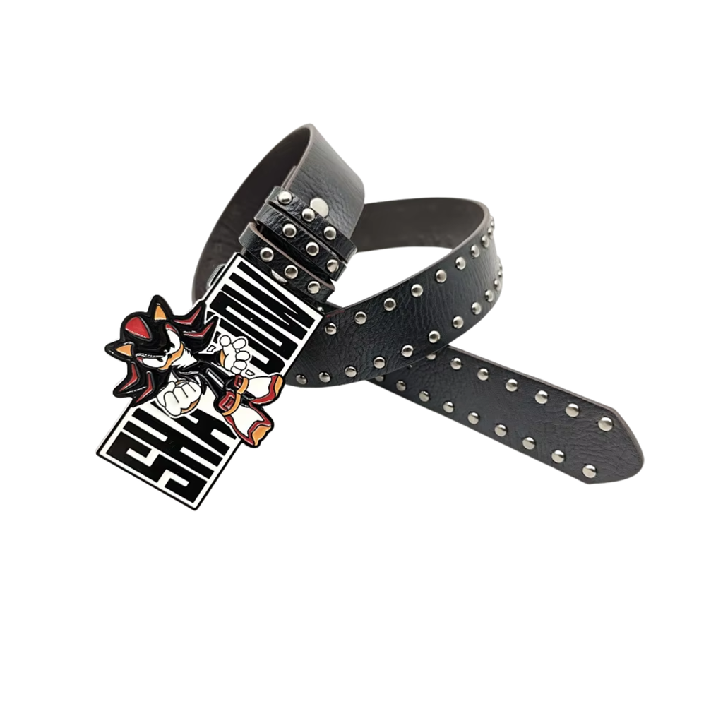 Open Shadow Retro belt showing pointed strap, silver studs and graphic buckle