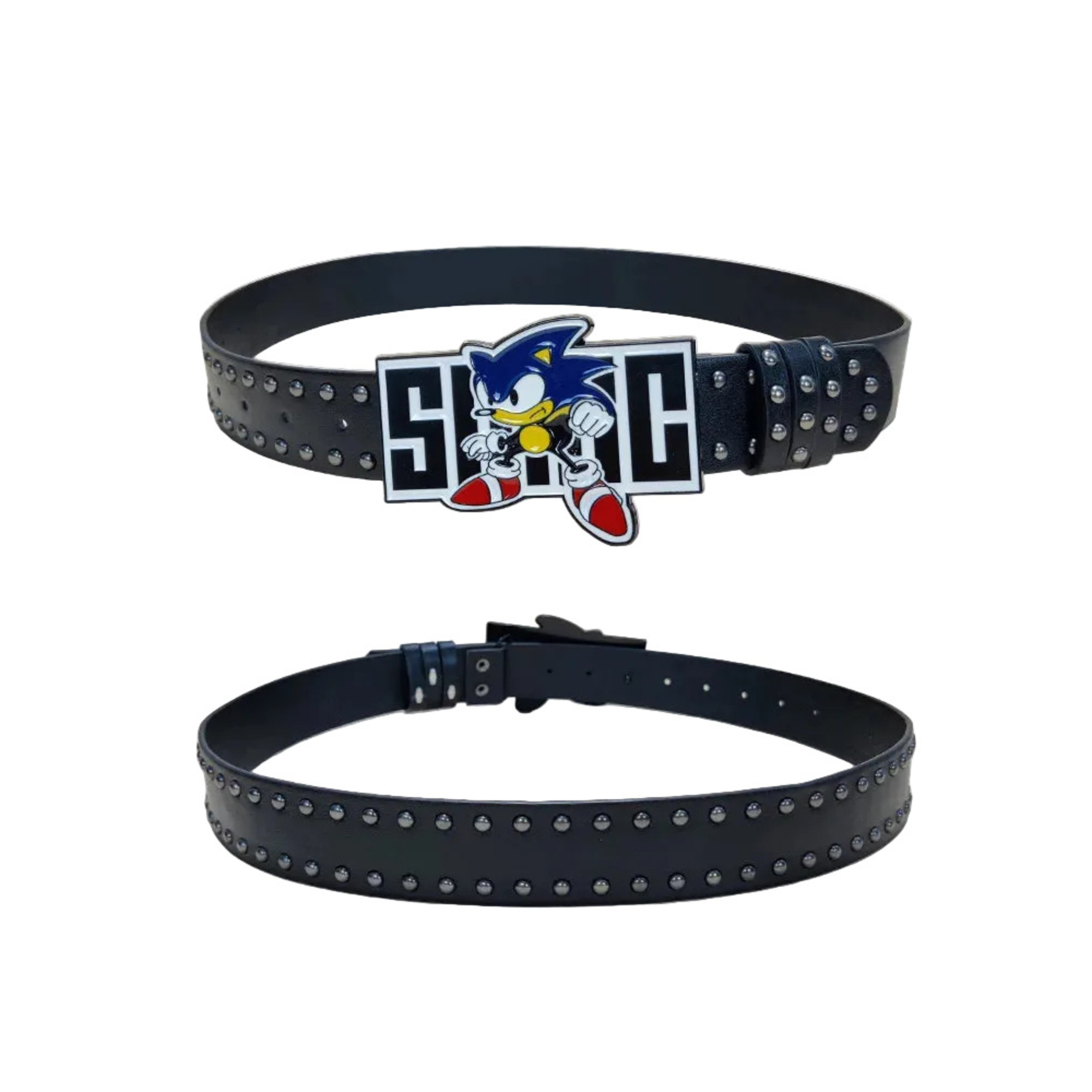 Front and back views of Hedgehog Retro buckle belt with double-row silver studs
