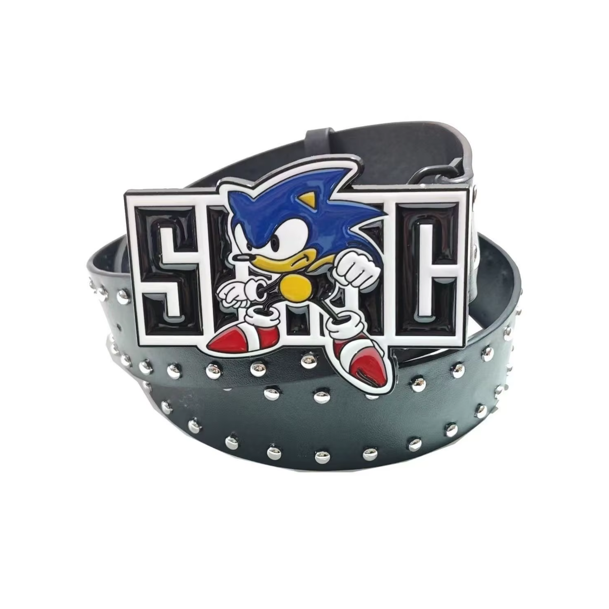 Coiled Hedgehog Retro belt with blue character buckle and silver studded strap