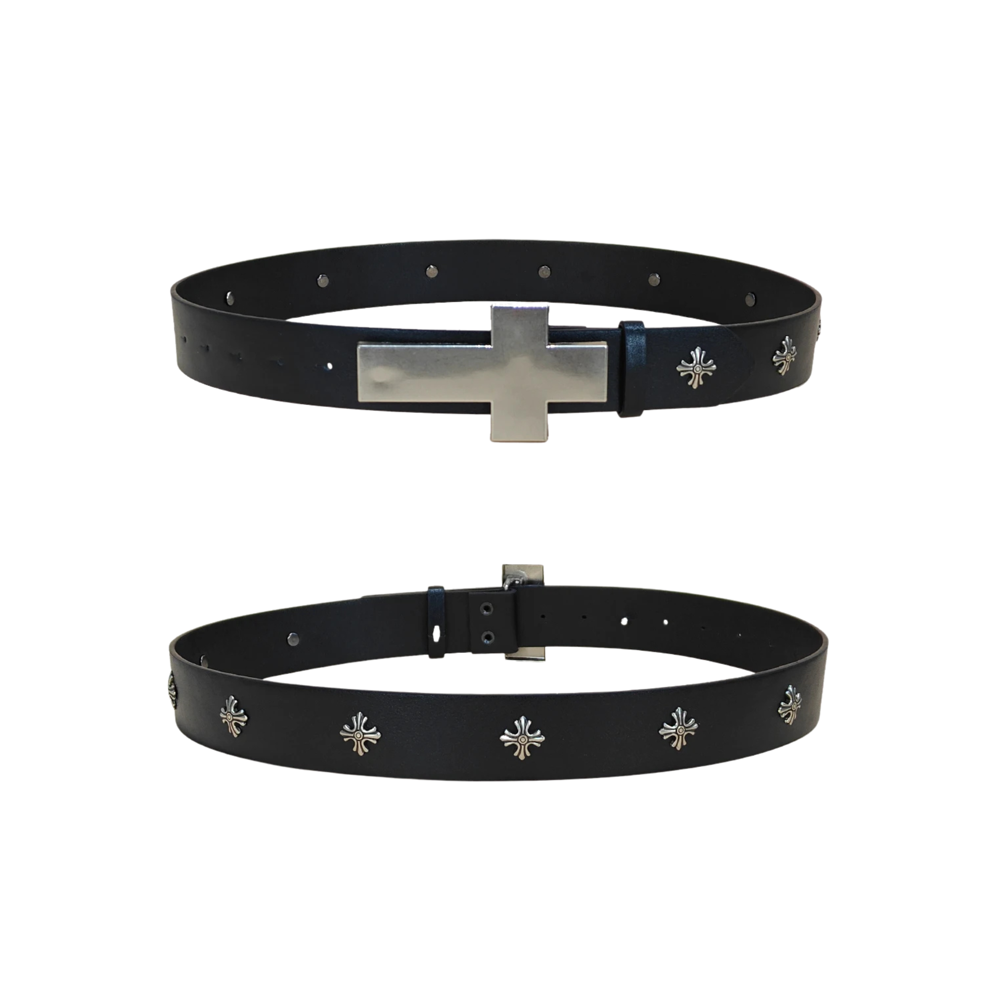 Front and back views of Jesus Piece belt with silver cross buckle and rivet details