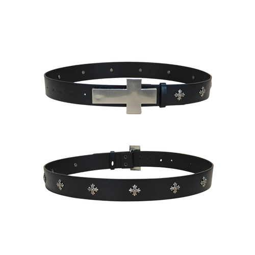 Front and back views of Jesus Piece belt with silver cross buckle and rivet details