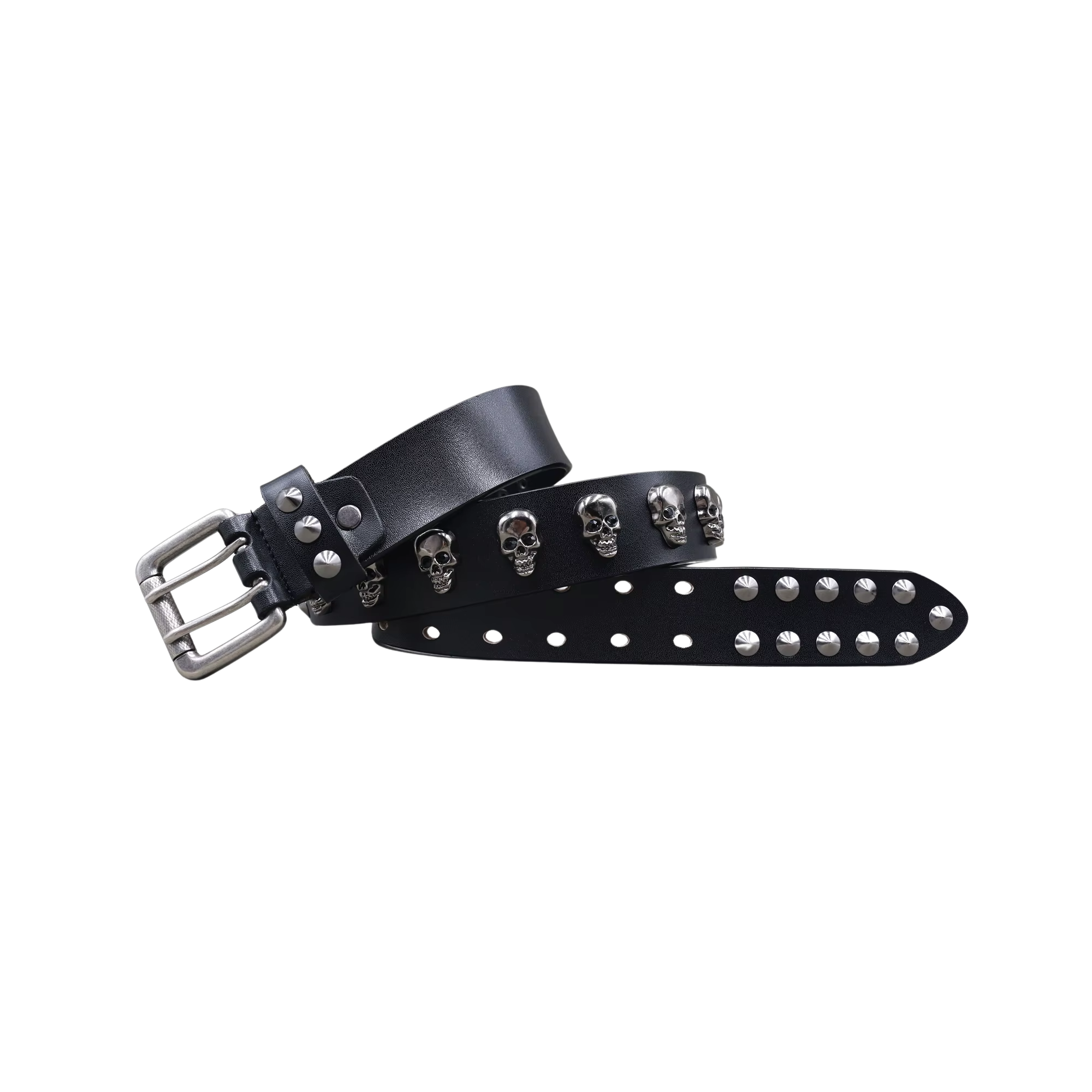 Bedazzled skull pattern belt laid flat showing buckle, skull studs and adjustment holes