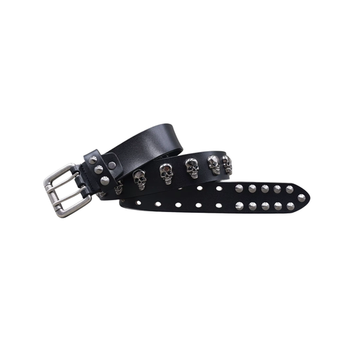 Bedazzled skull pattern belt laid flat showing buckle, skull studs and adjustment holes