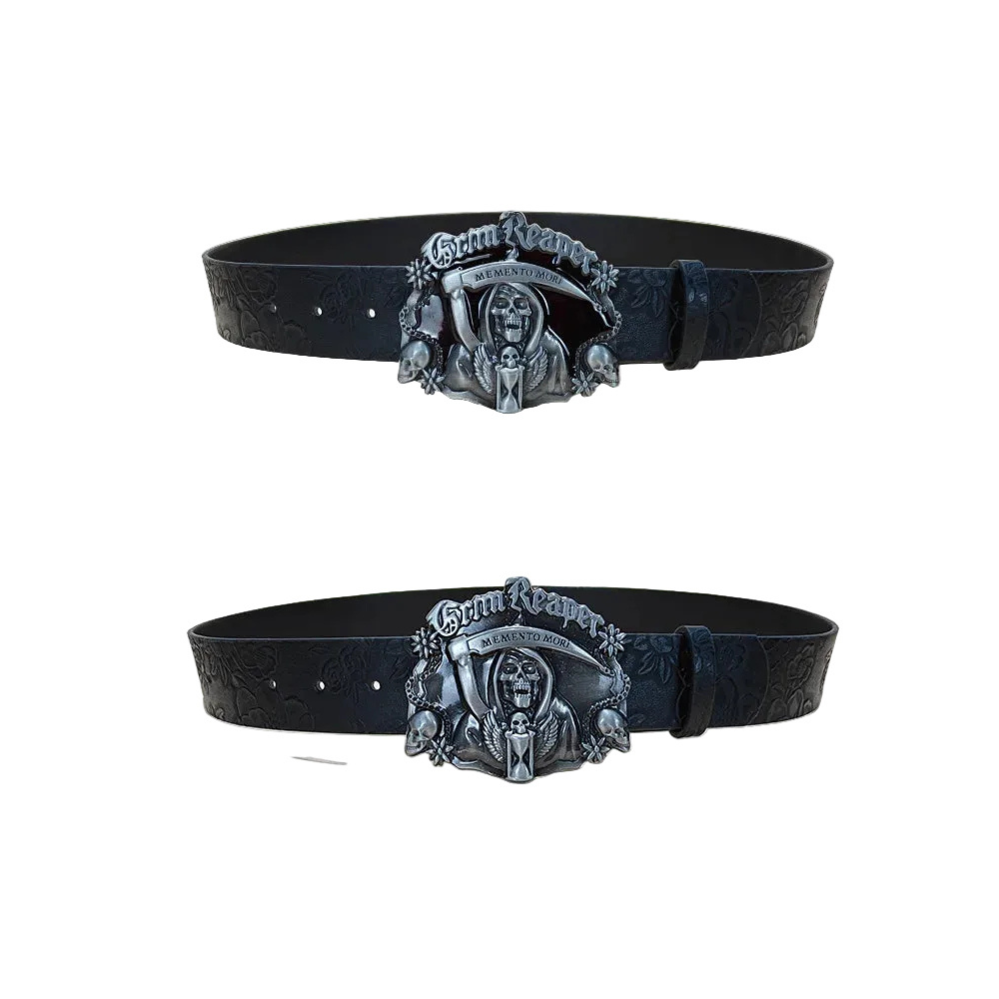Front and back views of black Reaper belt with Grim Reaper buckle