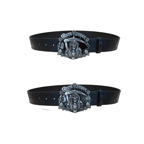 Front and back views of black Reaper belt with Grim Reaper buckle