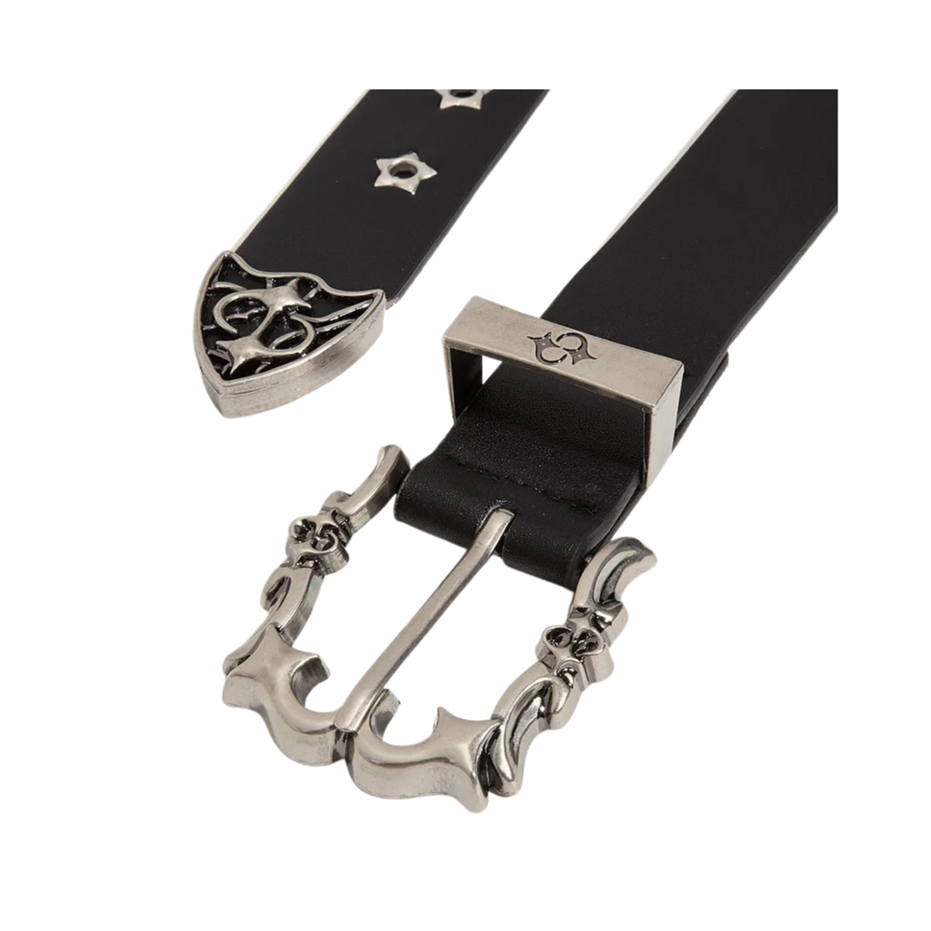 Close-up of Starry Eye belt ornate buckle, leather ends and gothic metal tip